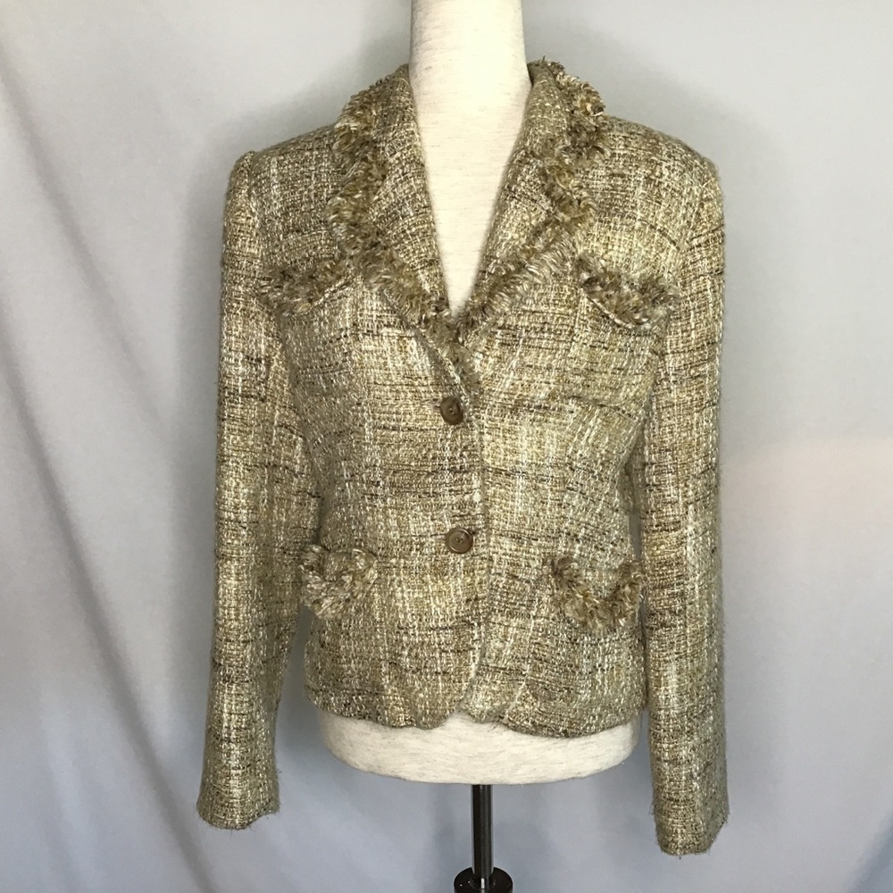 LIA Lee Blazer Size Medium Jacket Soft Tweed Fringe Button Down Tan Brown - Picture 3 of 12